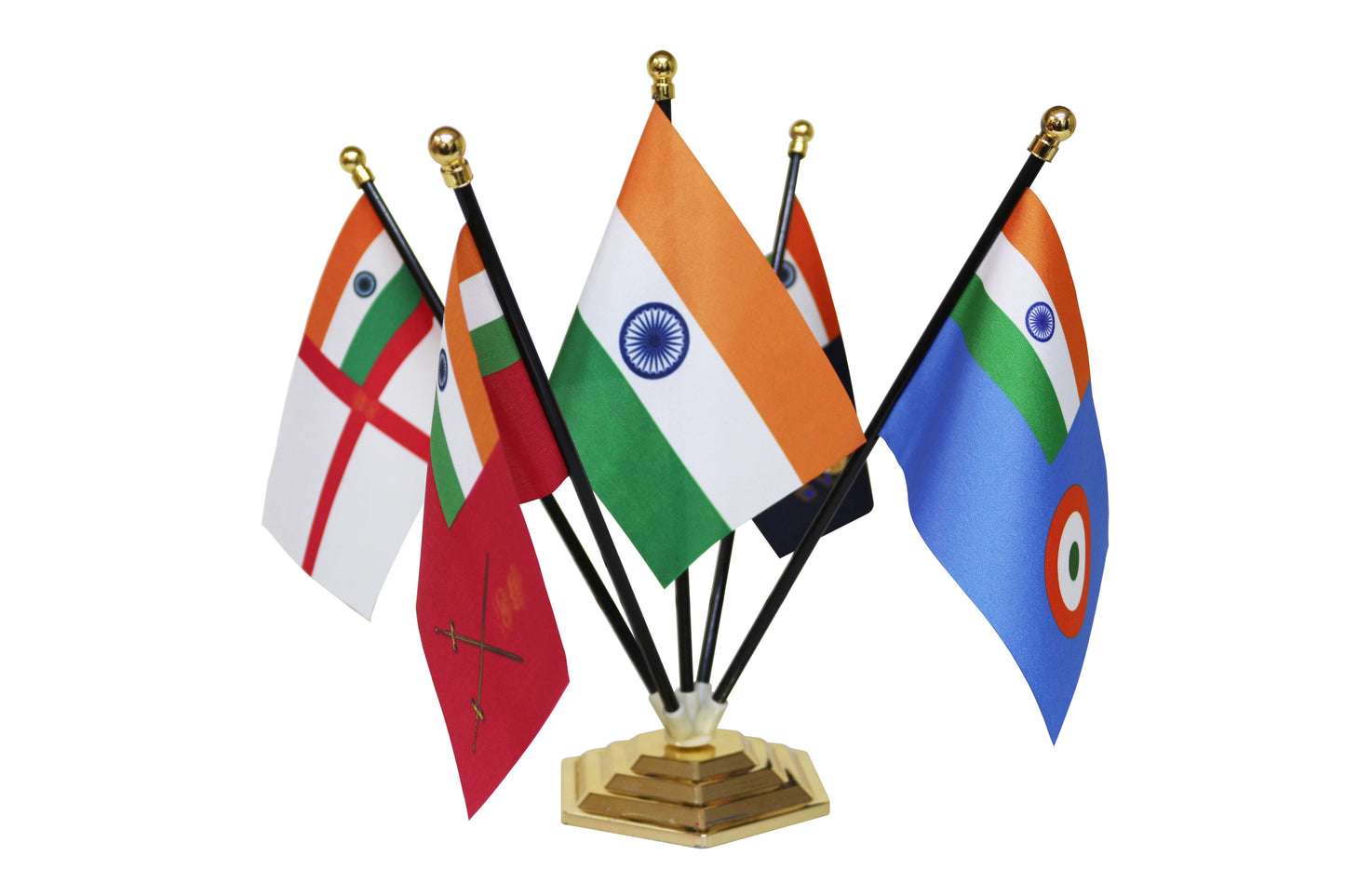 FlagSource Indian Flag + Indian Armed Forces (Indian Army, Indian Air Force, Indian Navy, Indian Coast Guard) Group Table Flags with A Round Stepped Base