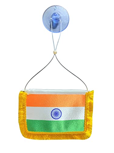 FlagSource Indian Miniature Rear-View Mirror Dangling Car Flags with A Vacuum Suction Base Saffron, White, Green, Navy Blue and Gold Border