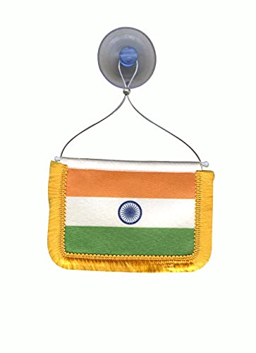 FlagSource Indian Miniature Rear-View Mirror Dangling Car Flags with A Vacuum Suction Base Saffron, White, Green, Navy Blue and Gold Border