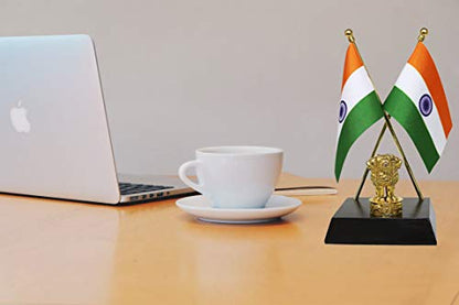 FlagSource Indian National Table Flags with A Shiny 18K Gold-Plated Brass Emblem of India (Ashok Stambha)