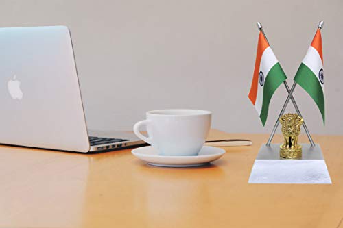 FlagSource Indian National Table Flags with A Shiny 18K Gold-Plated Brass Emblem of India (Ashok Stambha) and Aluminium Base