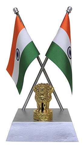 FlagSource Indian National Table Flags with A Shiny 18K Gold-Plated Brass Emblem of India (Ashok Stambha) and Aluminium Base