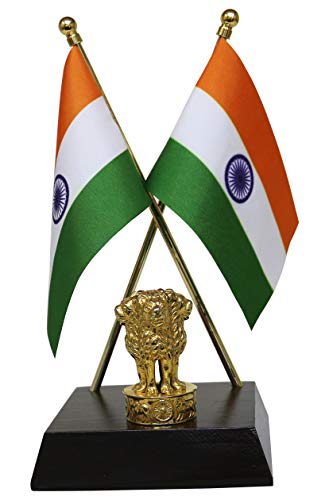 FlagSource Indian National Table Flags with A Shiny 18K Gold-Plated Brass Emblem of India (Ashok Stambha)