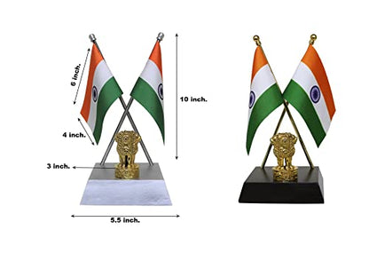 FlagSource Indian National Table Flags with A Shiny 18K Gold-Plated Brass Emblem of India (Ashok Stambha) and Aluminium Base