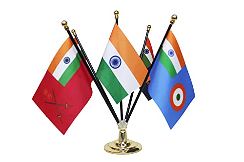 FlagSource Indian Flag + Indian Armed Forces (Indian Army, Indian Air Force, Indian Navy, Indian Coast Guard) Group Table Flags with A Round Stepped Base