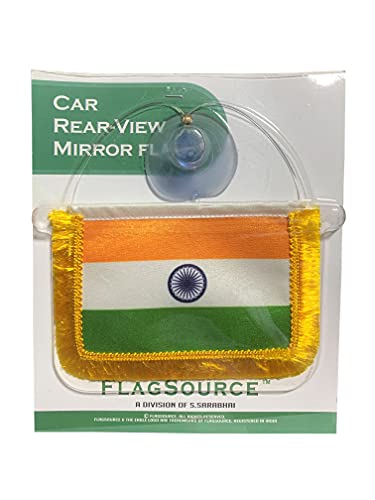 FlagSource Indian Miniature Rear-View Mirror Dangling Car Flags with A Vacuum Suction Base Saffron, White, Green, Navy Blue and Gold Border